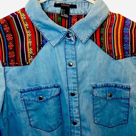 Denim Long Sleeve Studded Top with Print - Picture 4 of 5